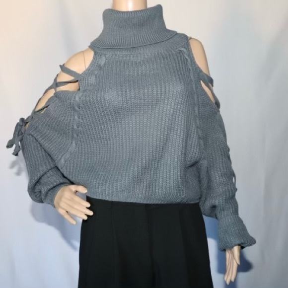 Papaya Gray Chunky Knit Cowl Neck Sweater Open Laced Sleeves Medium - Picture 4 of 10